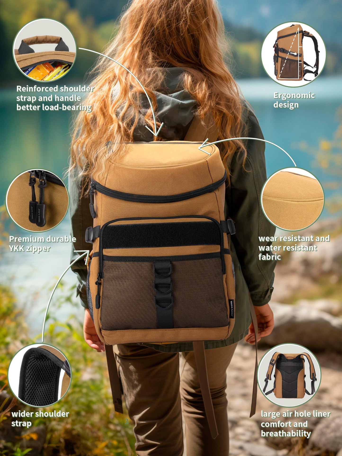 JOYHILL Backpack Cooler, Cooler Backpack Tactical Insulated 36 Cans, 2 Insulated Compartments Thermal Bag for Men Women, Lunch Bag for Camping Hiking Picnic Beach, Black