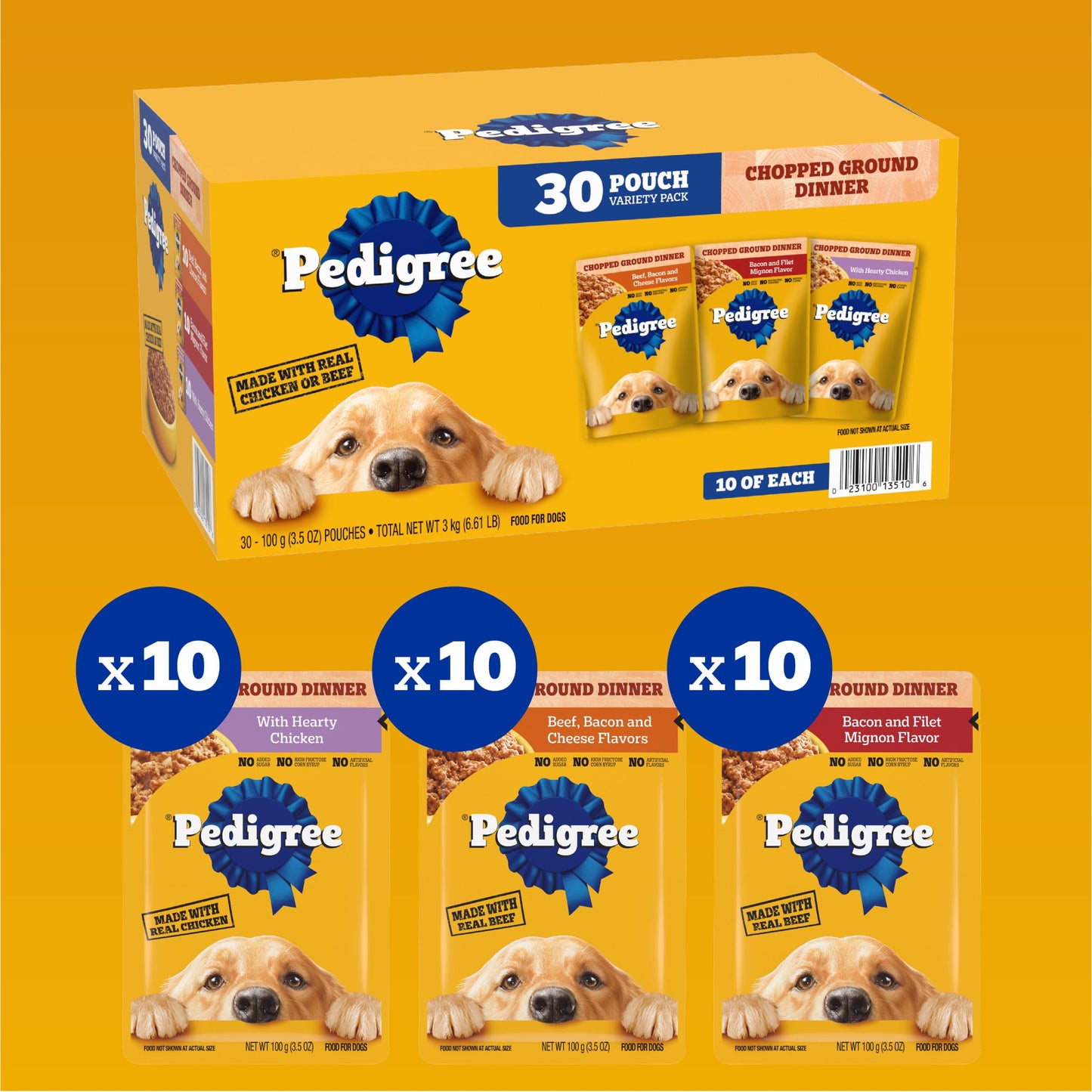 Pedigree Chopped Ground Dinner Adult Soft Wet Dog Food 30-Count Variety Pack, 3.5 oz Pouches