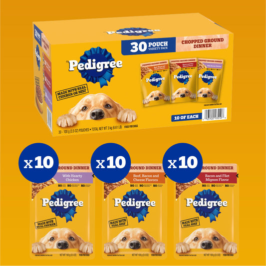 Pedigree Chopped Ground Dinner Adult Soft Wet Dog Food 30-Count Variety Pack, 3.5 oz Pouches