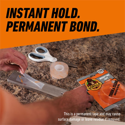 Gorilla Tough & Clear Double Sided Mounting Tape, Clear Tape, 1" x 150" (Pack of 1) - Weatherproof for Indoor or Outdoor