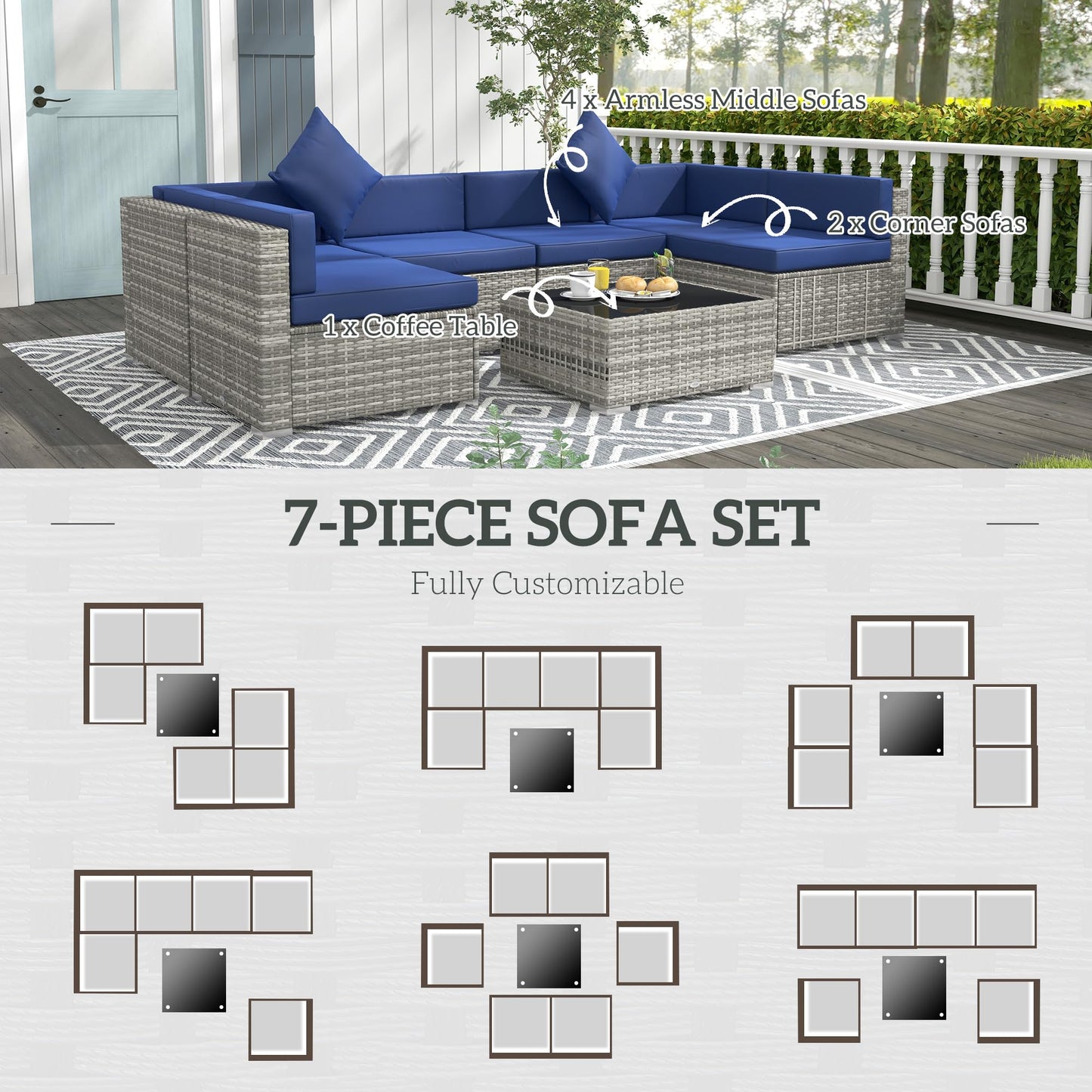 Outsunny 7-Piece Patio Furniture Set, Outdoor Wicker Conversation Set, All Weather PE Rattan Sectional Sofa Set with Cushions and Tempered Glass Top Coffee Table, Pillows, Blue
