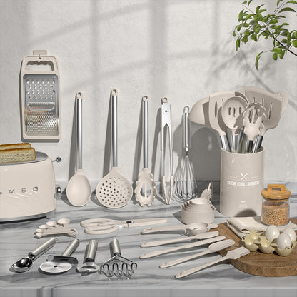 Kitchen Utensils Set-Umite Chef 34 Pcs Silicone Cooking Utensils Set for Nonstick Cookware-Silicone Spatulas Set, Stainless Steel Handle-Khaki Kitchen Gadgets Tools, Pots and Pans Accessories