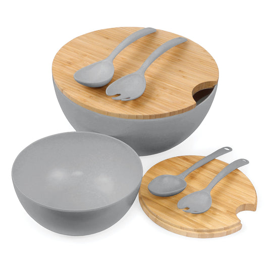 11.5" Extra Large Salad and 8" Serving Bowl with Wooden Lid and Servers - Bamboo Fiber Wood Mixing Bowl Set with Utensils & Wooden Cutting Board Top for Fruits, Vegetable Salads, Pasta (8pc Set) Grey