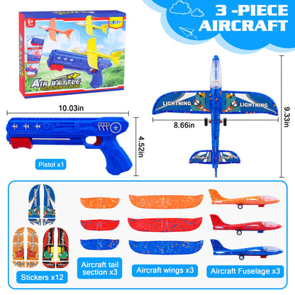 LJZJ 3 Pack Airplane Launcher Toys, 2 Flight Modes LED Foam Glider Catapult Plane, Outdoor Flying Toy for Kids, Birthday Gifts for Boy Girl 6+ Year Old, B-Day Party Supplies