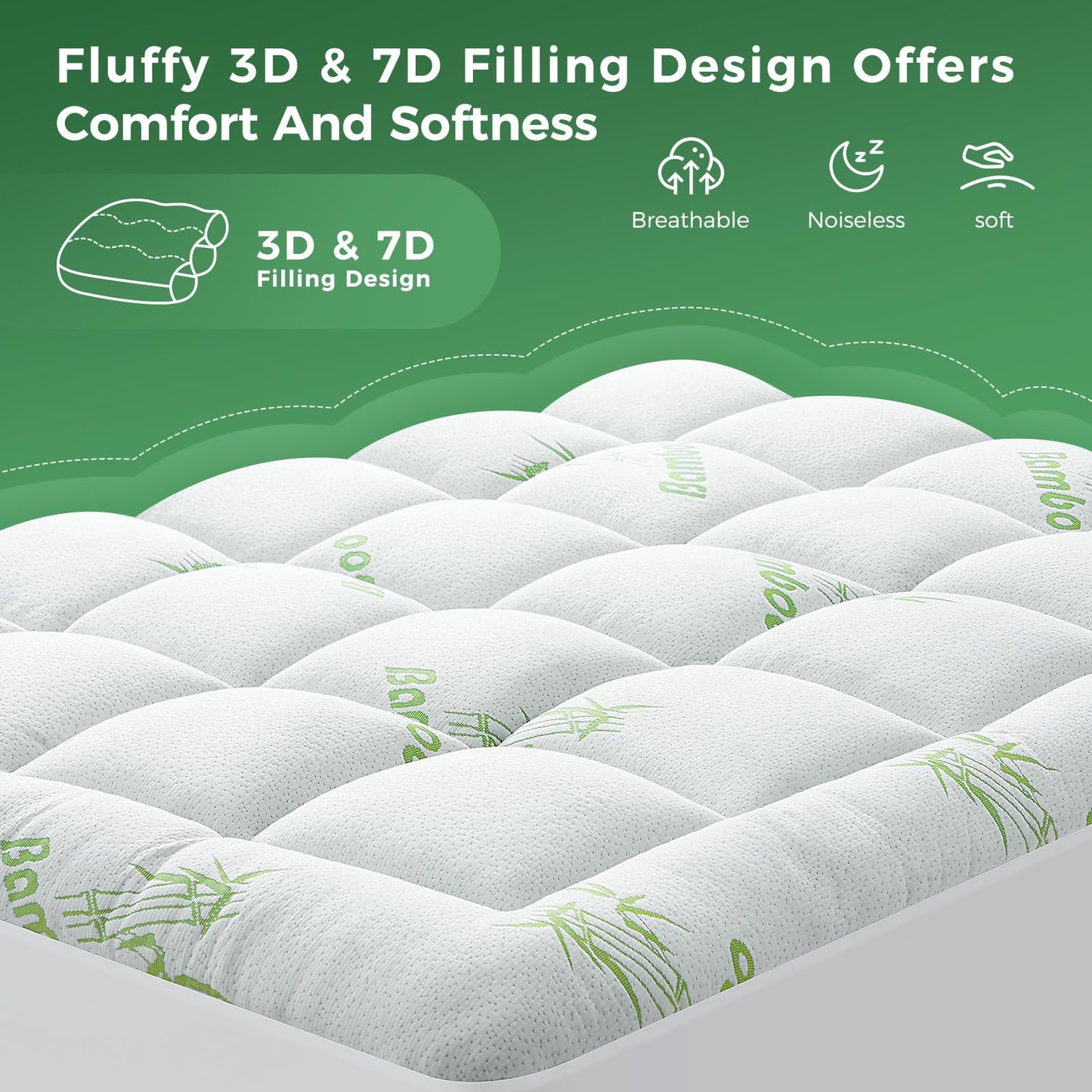 HYLEORY Mattress Topper Queen Size - Thick Bamboo-Viscose Cooling Pillow Top Mattress Pad Breathable Fluffy Soft Mattress Cover with 8-21" Deep Pocket, Green