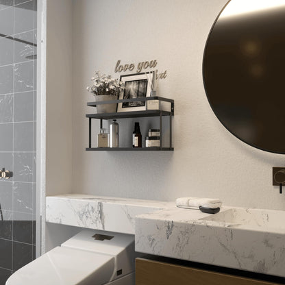 RICHER HOUSE Dual-Level Guardrail Floating Shelves, Rustic Wood Bathroom Shelf Wall Mounted, Over Toilet Paper Storage Shelves for Wall Decor, Bathroom Organizers - Black