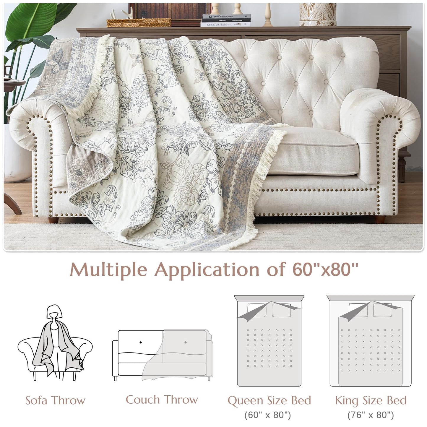 jinchan Boho Floral 100% Cotton Blanket 4-Layer Throw Blanket with Tassel Grey and White Flower Butterfly Soft Luxury Rustic Farmhouse Decor Blanket for Couch Bed 60x80 inch All Season Gift for Women