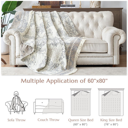 jinchan Boho Floral 100% Cotton Blanket 4-Layer Throw Blanket with Tassel Grey and White Flower Butterfly Soft Luxury Rustic Farmhouse Decor Blanket for Couch Bed 60x80 inch All Season Gift for Women
