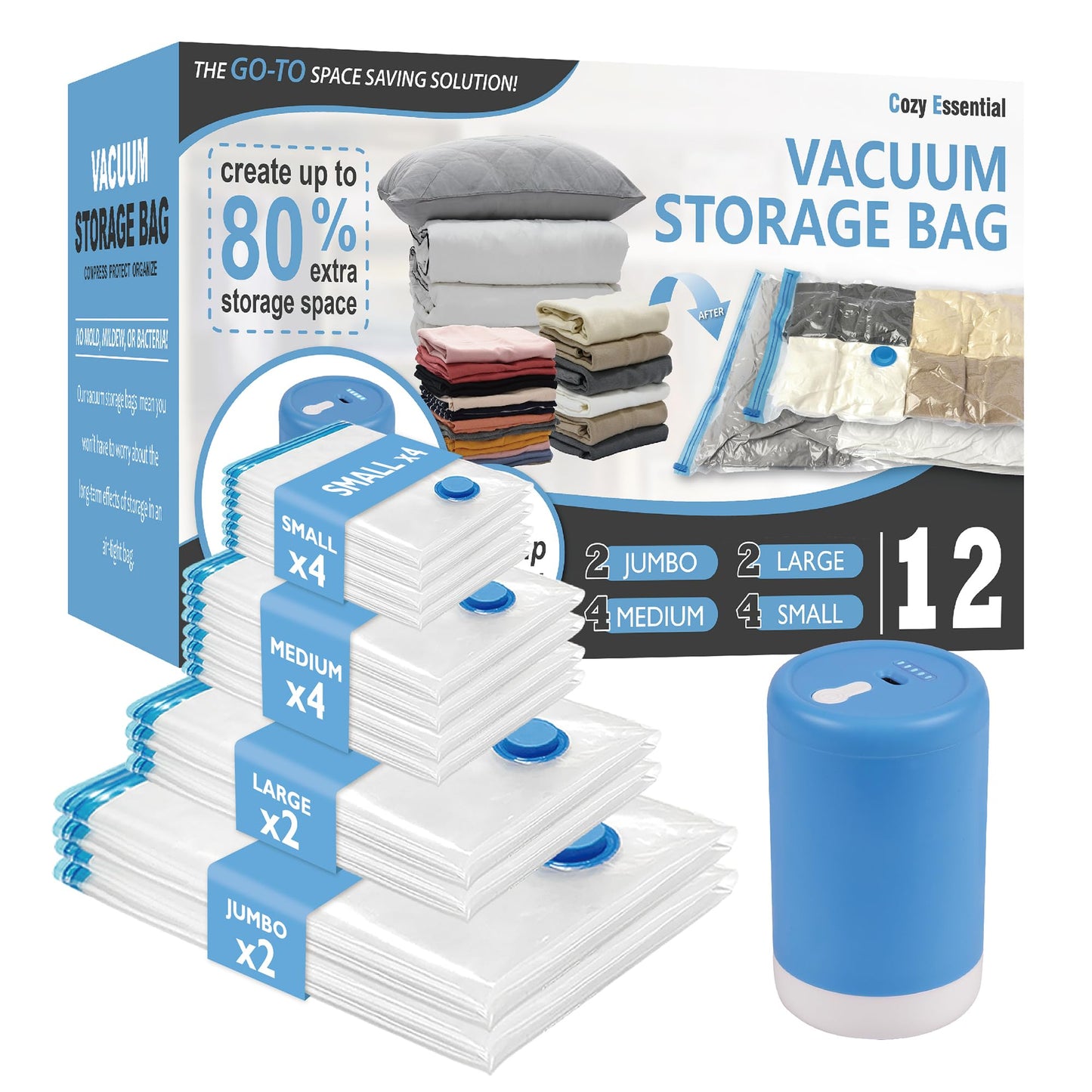 12 Pack Travel Vacuum Storage Bags with Portable Electric Pump, Vacuum Seal Space Saver Bags for Clothing, Vacuum Travel Bags for Luggage