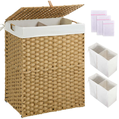 Greenstell Laundry Hamper with lid, No Install Needed, 110L Wicker Laundry Baskets Foldable 2 Removable Liner Bags, 2 Section Clothes Hamper Handwoven Rattan Laundry Basket with Handles, Natural