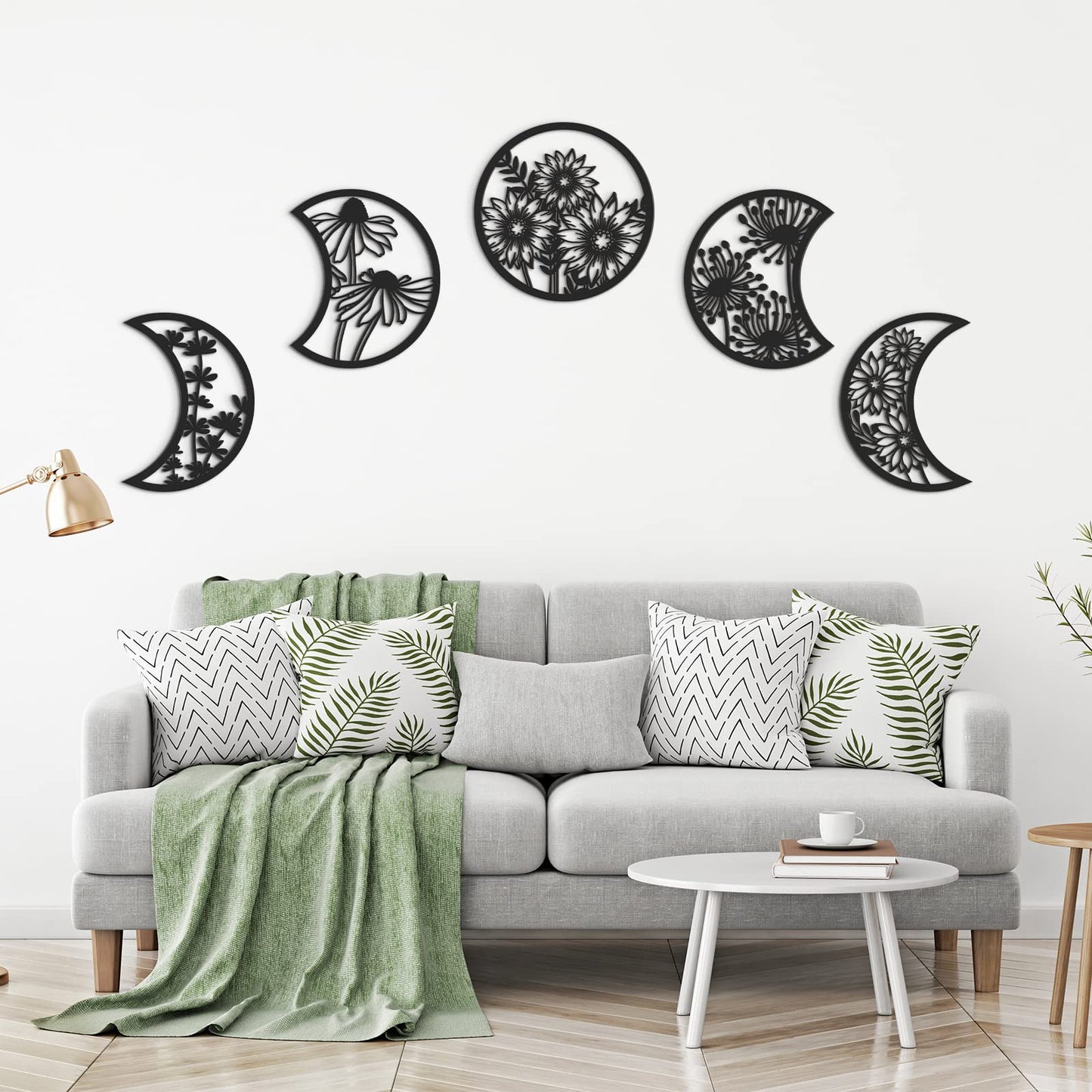 Jetec 5 Pcs Moon Phase Wall Hanging Decor Art Above Bed Boho Moon Phase Nordic Wood Wall Pediment Ornament for Living Room Bedroom Home Decoration Room Apartment Bar(Black)