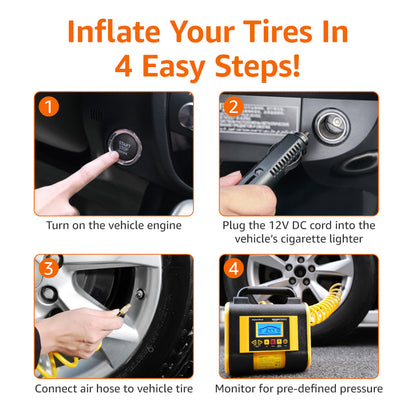 Amazon Basics Portable Car Tire Inflator with Digital Pressure Gauge, 150 PSI, 12V DC, Black