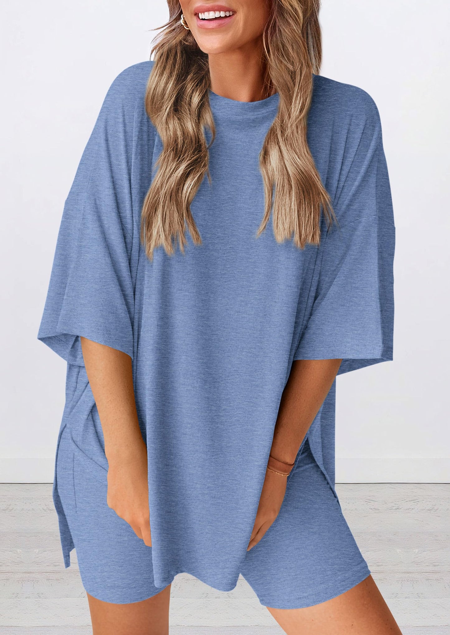 PRETTYGARDEN Women's Two Piece Lounge Set 2025 Summer Casual Oversized Shirts Biker Shorts Matching Airport Travel Outfit (Grey Blue,Small)