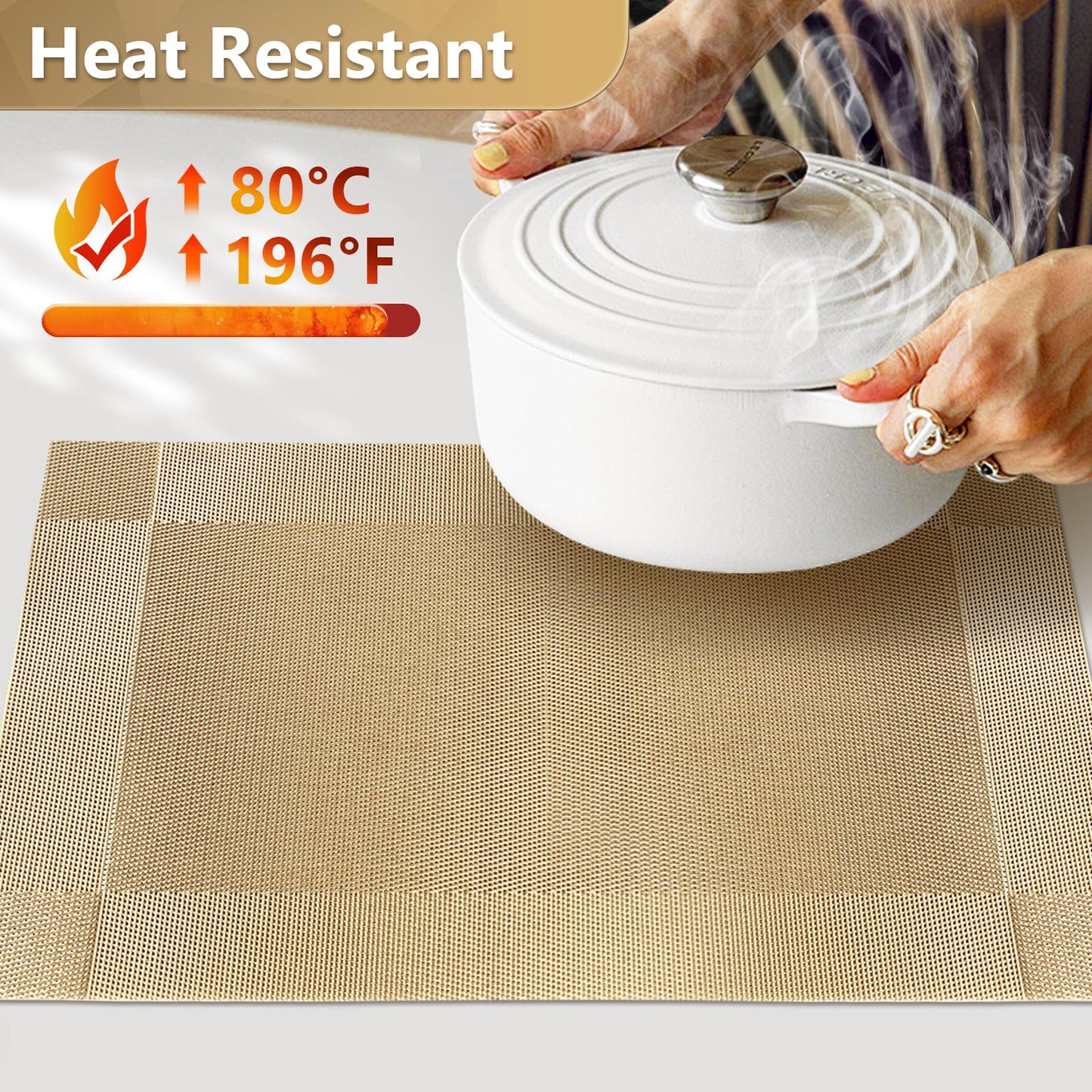 Placemats Set of 6, Place Mats for Kitchen Dining Table, Heat-Resistant Anti-Skid Stain Washable PVC Table Mats, Easy to Cleaning Woven Vinyl Dinner Mats