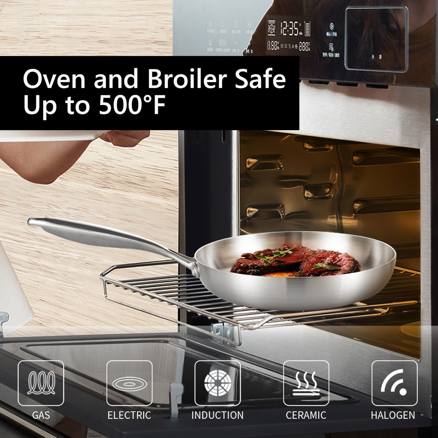 LOLYKITCH 12 Inch Tri-Ply Stainless Steel Frying Pan,Skillet,Induction Cooking Pan,Dishwasher and Oven Safe,Heavy Duty and Detachable Handle.