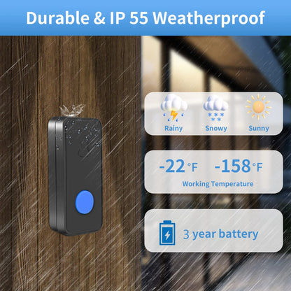 Nestling® Wireless Doorbell Chime Kit-1000 Ft Range 55 Chimes 5 Adjustable Volume Led Flash, Plug and Play Waterproof Door Bell Kit with 1 Plug-in Receiver & 1 Button for Home Black