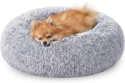 JOLLYVOGUE Calming Dog & Cat Bed for Small Dogs, Anti-Anxiety Donut Cuddler Cozy Soft Round Bed with Anti-Slip Bottom, Fluffy Faux Fur Plush Cushion Beds for Small Medium Dogs (20")