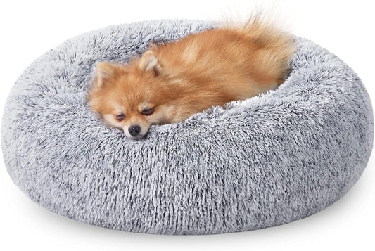 JOLLYVOGUE Calming Dog & Cat Bed for Small Dogs, Anti-Anxiety Donut Cuddler Cozy Soft Round Bed with Anti-Slip Bottom, Fluffy Faux Fur Plush Cushion Beds for Small Medium Dogs (20")