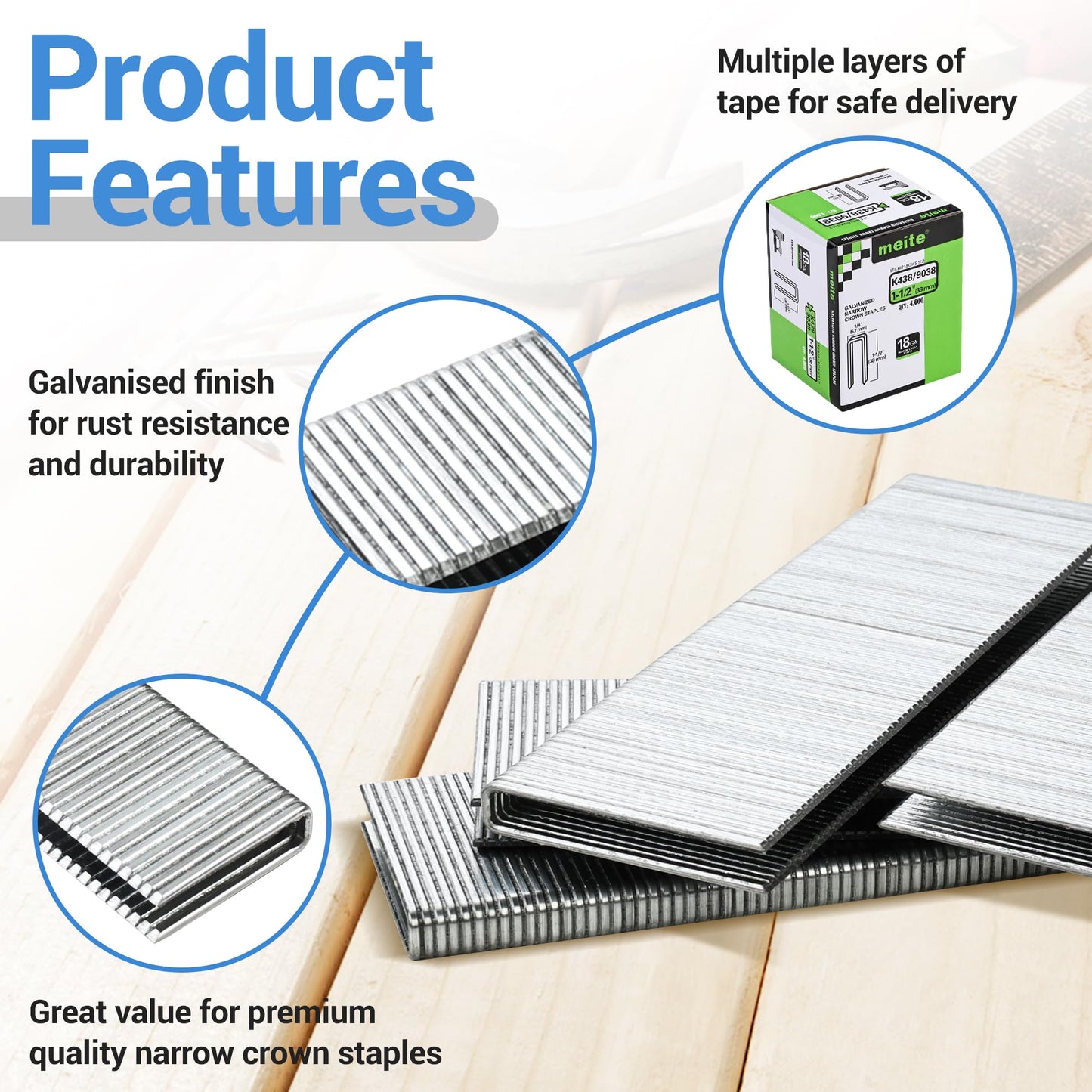 meite 18 Gauge 1/4-Inch Narrow Crown Staples, 1-1/2-Inch Length Galvanized Staples for Heavy Duty and Upholstery (4,000 Counts)