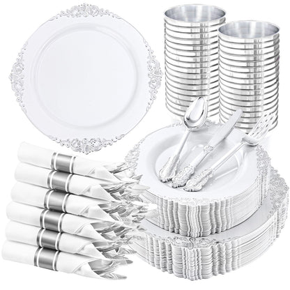 Hioasis 210pcs White and Silver Plastic Plates - Elegant Disposable Dinnerware Set Suitable for 30 Guests Include 10.25 Dinner & 7.5 Dessert Plates, Pre Rolled Silverware Set, Cups for Party & Wedding