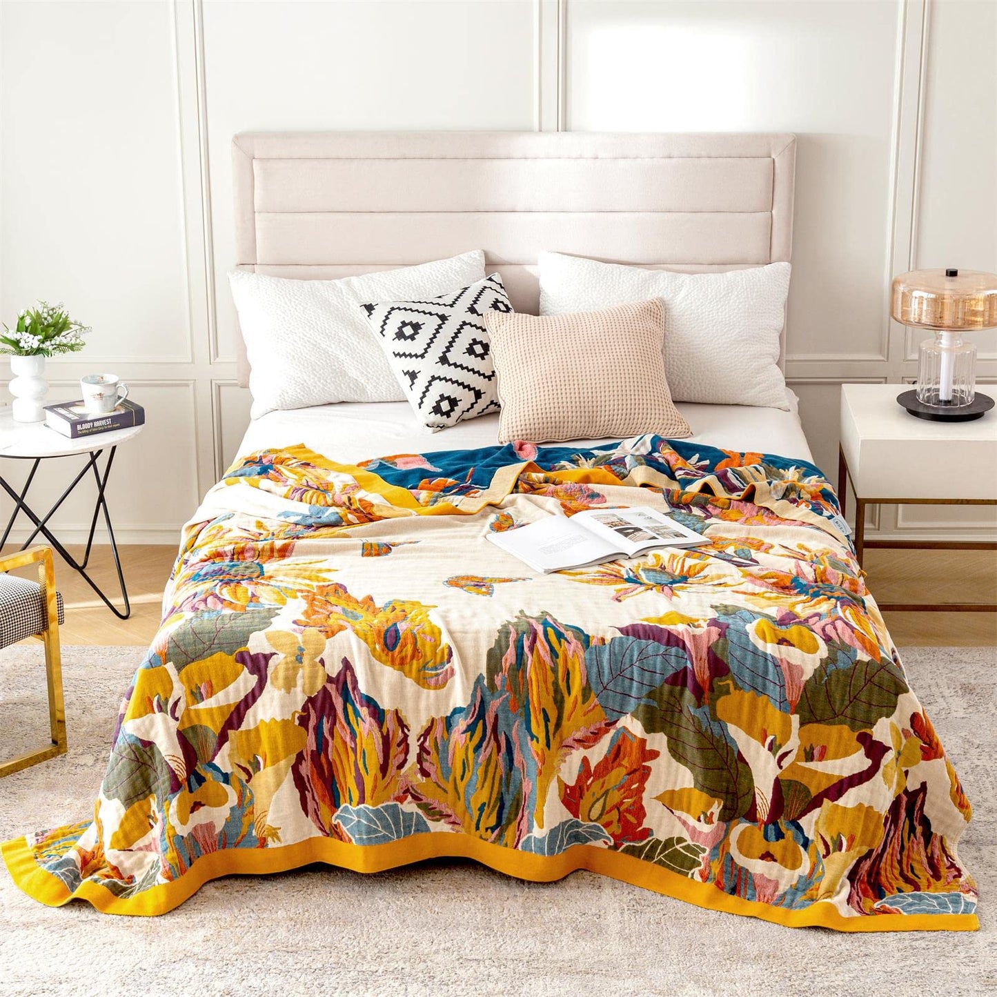 MSGKV Boho Throw Blanket 60''x80'',100% Cotton Blankets for Couch Bed,Cotton Quilt Travel Muslin Blankets Farmhouse Home Decor Soft Lightweight Picnic Blanket