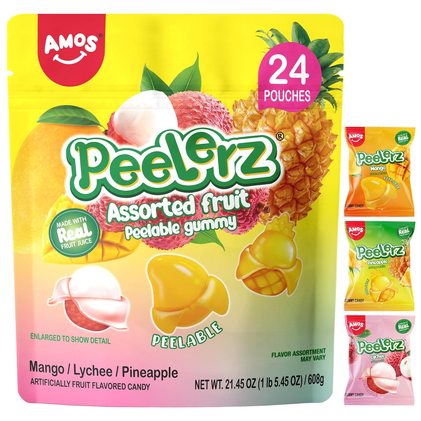 Amos Peelerz Assorted Peelable Gummy – Tropical Peeling Candy Variety Pack | Mango, Lychee & Pineapple | 24 Individual Packs (608g) | Fun, Chewy & Shareable Treat