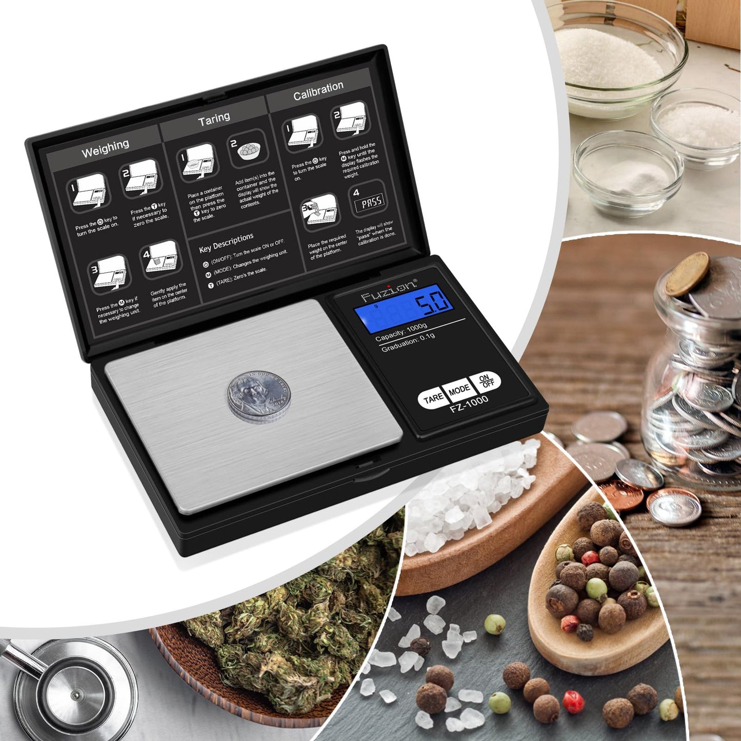 Fuzion Digital Pocket Gram Scale 1000g/0.1g, Small Digital Scales Grams Ounces Grains, Herb Scale, Jewelry Scale, Portable Travel Food Scale