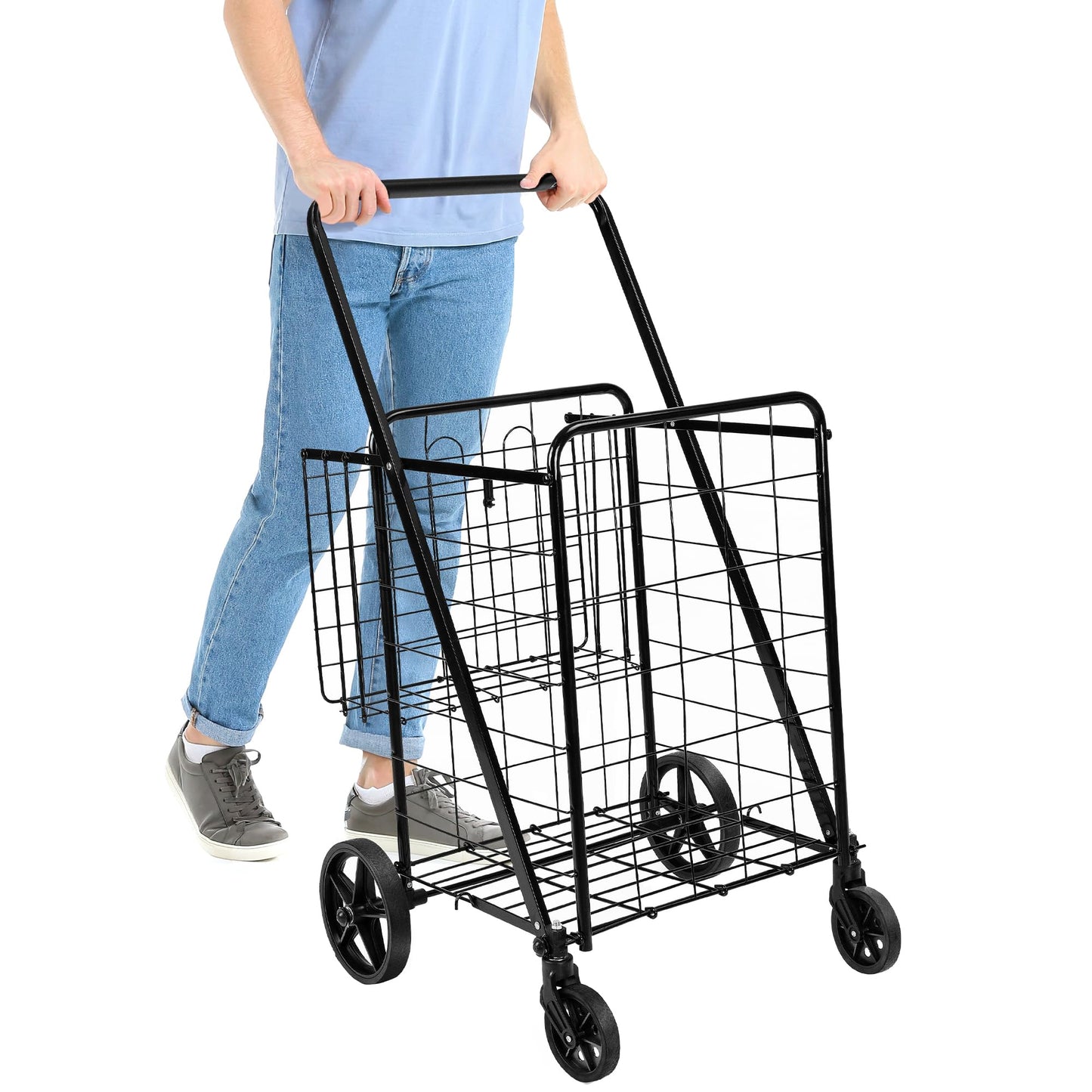 Amazon Basics Foldable Shopping Utility Cart with 360-Degree Wheels, Easy Assembly, Black, X-Large