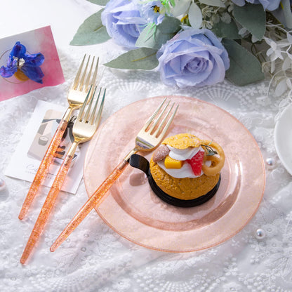 LIYH 96 Pcs Gold Glitter Plastic Dessert Plates 7.5 Inch, Plastic Fancy Cake Plates and Forks, Disposable Salad Plate, Dessert Forks 7.5 Inch for Birthday Bridal Shower 48 Guests