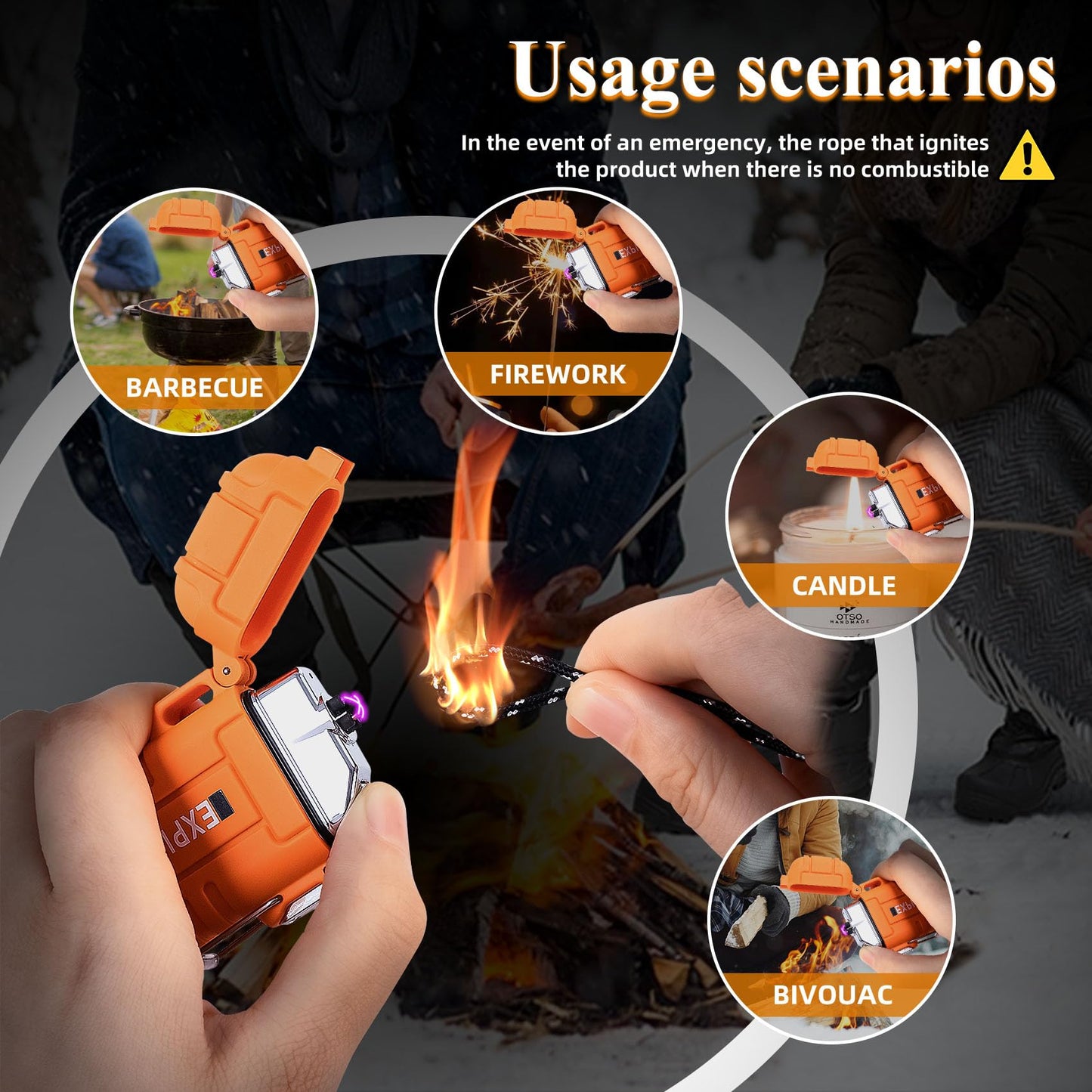 LcFun Electric Lighter - USB C Rechargeable, Windproof, Waterproof Flameless Dual Arc Plasma Lighters with Portable Lanyard for Adventure, Survival Tactical, Camping Gadgets for Men (Orange)