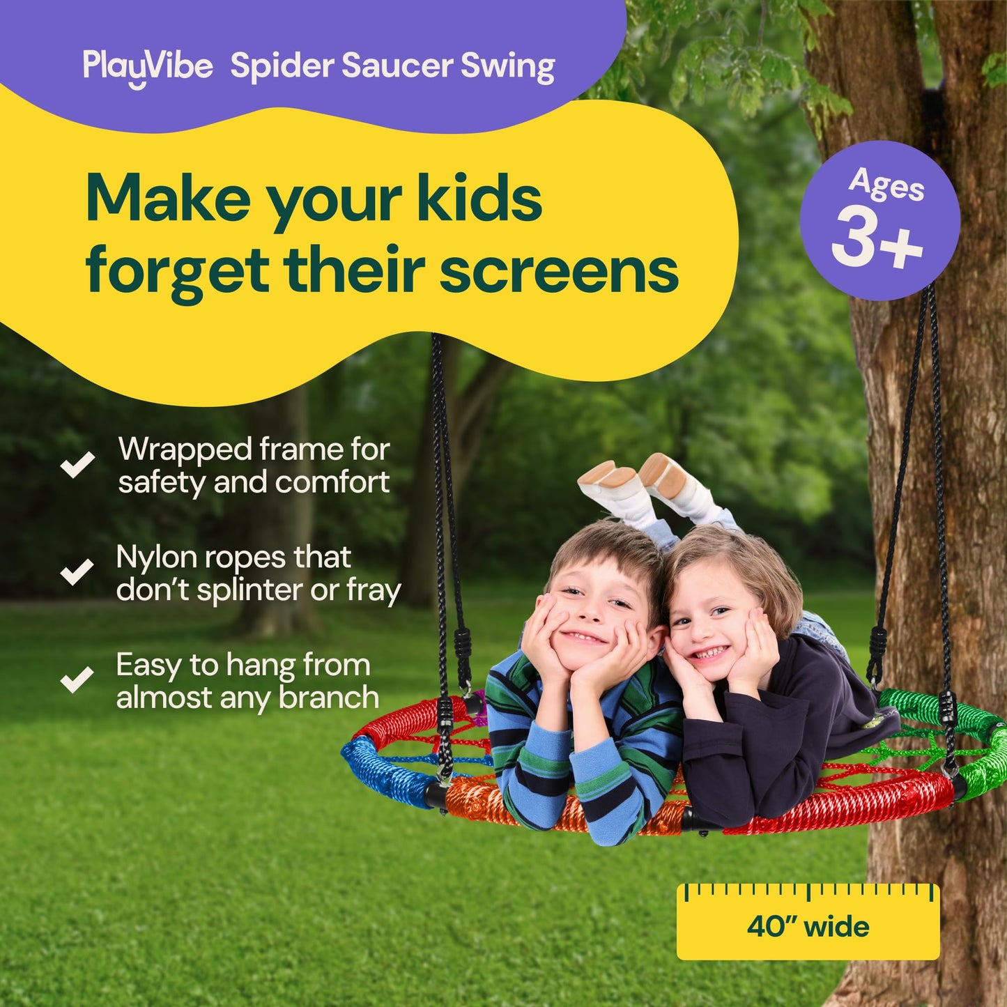 PLAYVIBE Spider Web Tree Swing - 40 in Multicolor Saucer Swing - 440 lb Capacity with Hanging Straps & Carabiners - Weather-Resistant Outdoor Play for Kids & Toddlers - Fits Trees, Playsets & Gyms