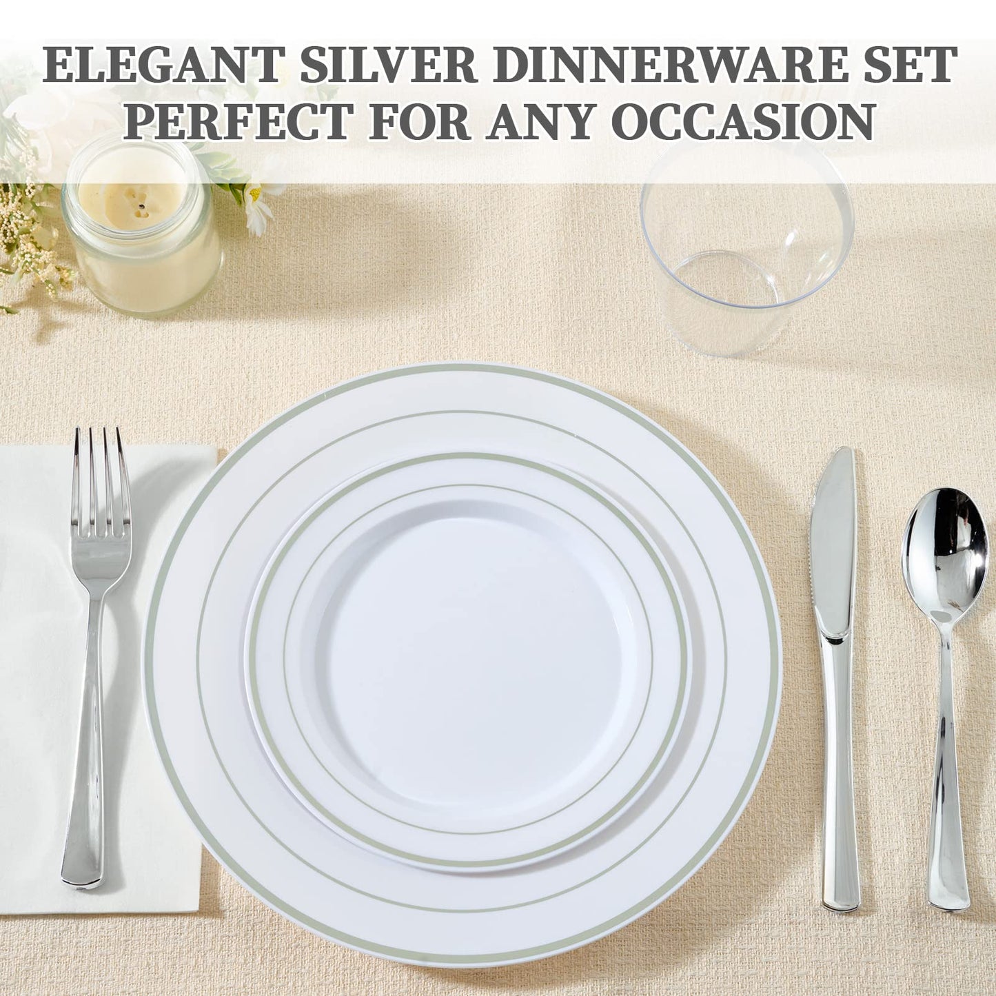 FOCUSLINE 600 Ct Silver Dinnerware Set for 100 Guests - Silver Rimmed Disposable Plastic Plates, Includes 100 Dinner & Salad Plates, Cups, Cutlery Set for Wedding Parties