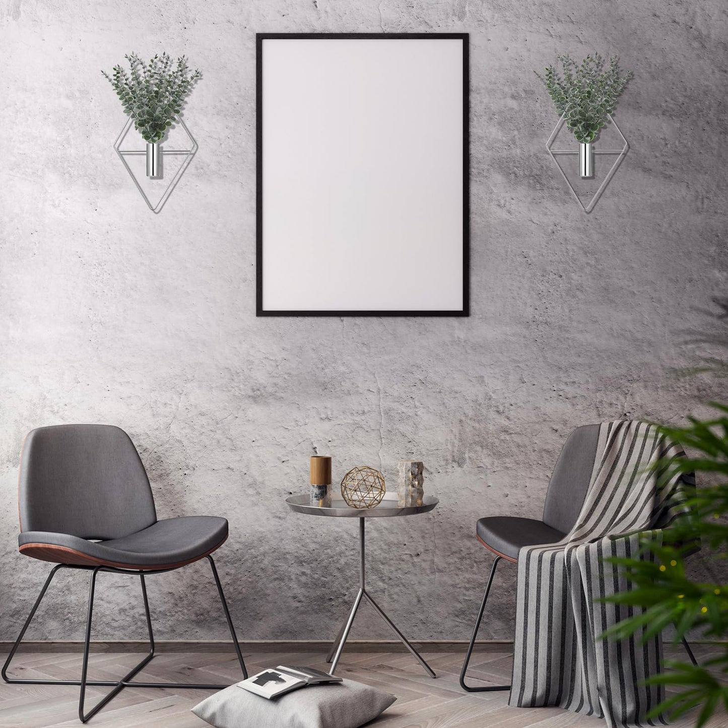 Jexine Hanging Planters with Artificial Eucalyptus Metal Hanging Vase Indoor Plants Holder Modern Geometric Boho Bathroom Wall Decor for Living Room Home Office(Chrome Sliver,4 Pcs)