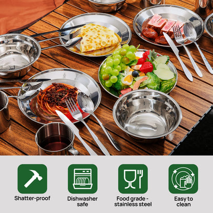Odoland 29pcs Stainless Steel Utensils Camping Tableware Kit with Bowls Plates Cups Forks Spoons and Knives for 4, Cutlery Flatware Set for Backpacking, Outdoor Camping Hiking and Picnic