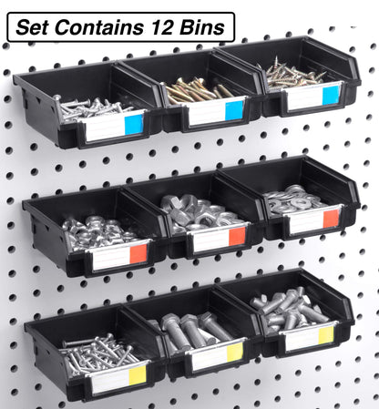Right Arrange Pegboard Bins - 12 Pack Black - Hooks to Any Peg Board - Organize Hardware, Accessories, Attachments, Workbench, Garage Storage, Craft Room, Tool Shed, Hobby Supplies, Small Parts