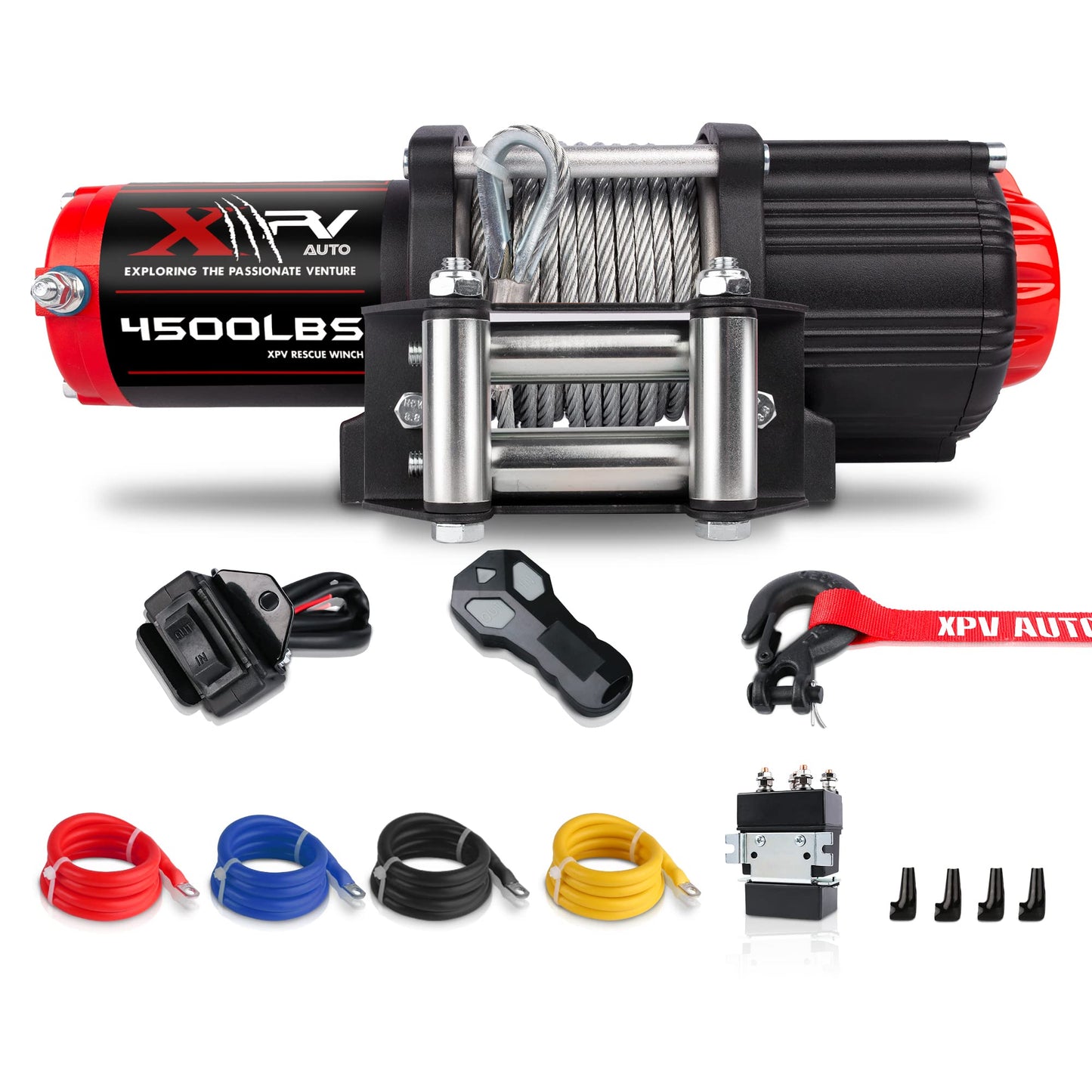 XPV AUTO 12V 4500LBS Steel Rope Electric Winch for Towing ATV/UTV Off Road with Wireless Remote Control Mounting Bracket IP67 Waterproof Electric Winch with 4-Way Roller Fairlead