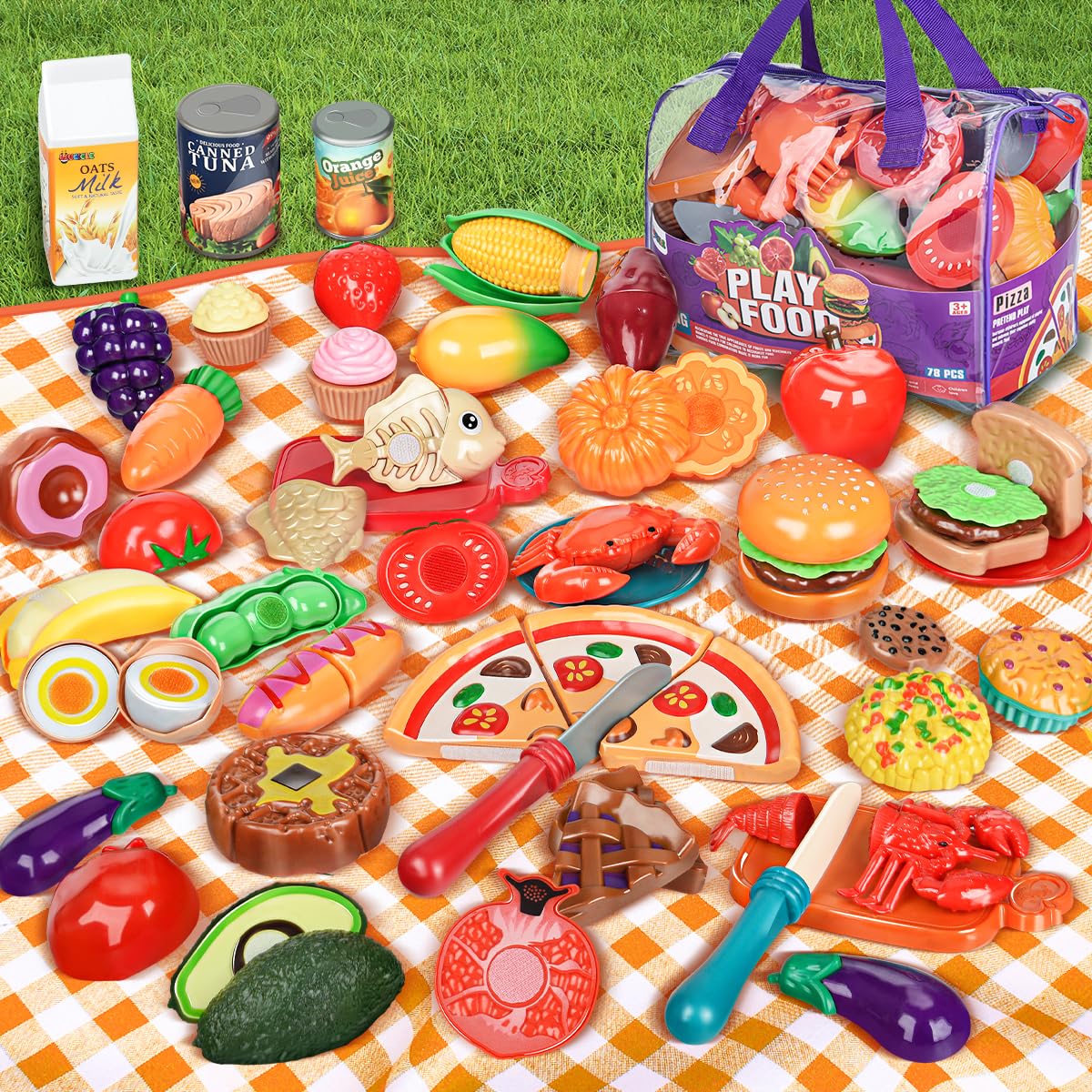 Laugigle Pretend Play Food for Kids Kitchen - 78Pc Cutting Toy Food with Storage Bag, Food Toys with Veggies, Fruits, Fake Food with Pizza Toy, Pretend Food, Play Kitchen Accessories, Boys Girls Gift