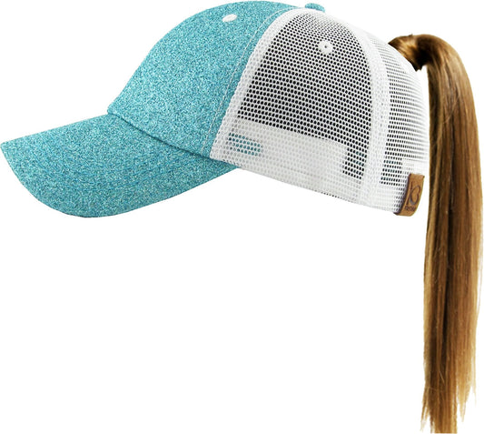 KBETHOS® Original Glitter Fabric Mesh Trucker Ponytail Cap, Aqua