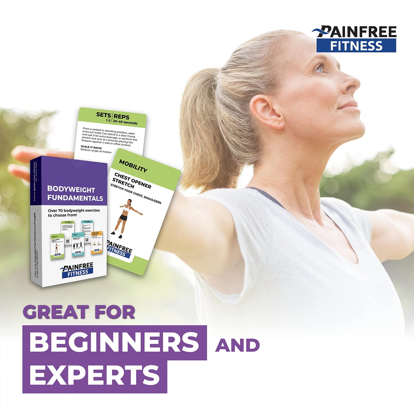 (65+ Cards) Bodyweight Exercise Flashcards by Pain-Free Fitness, 3x5 in, Workout Flashcards for Home Workouts, Tear-Resistant with Video QR Codes