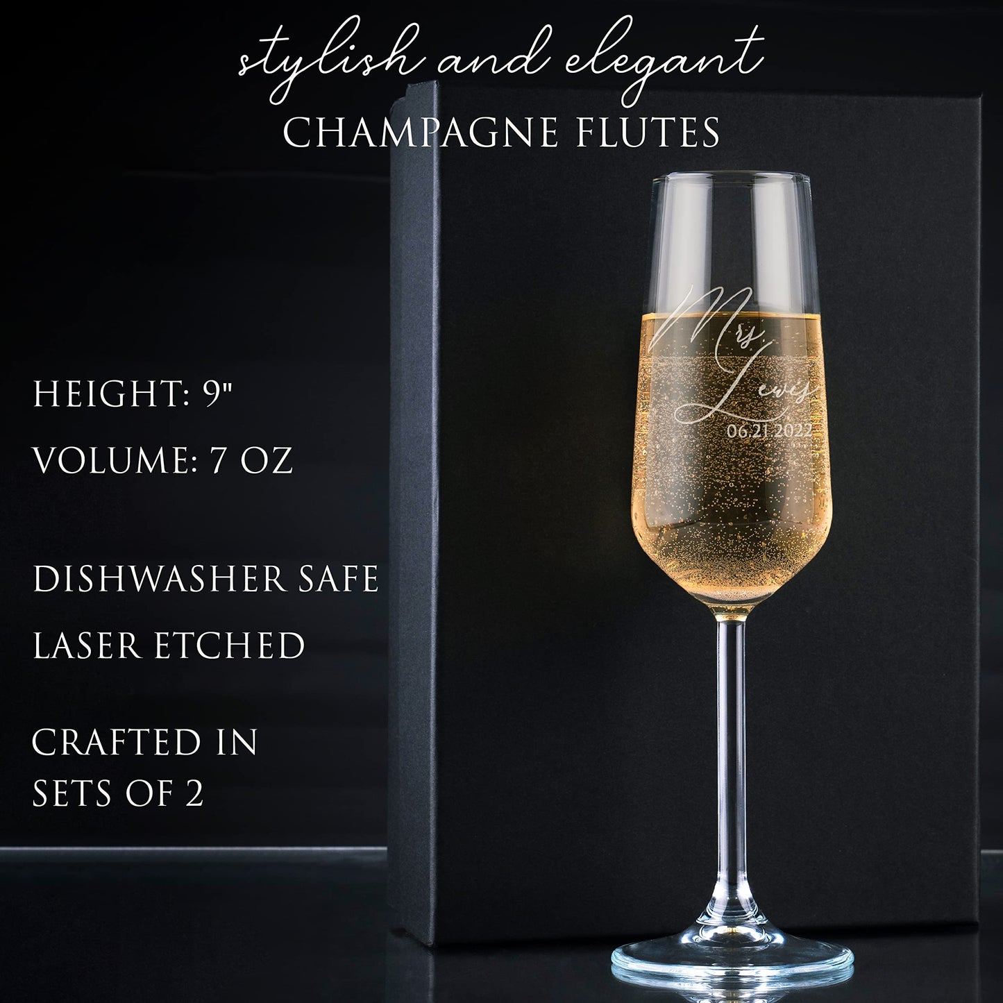 GIFTBYGIFTY Personalized Wedding Champagne Flutes for Bride and Groom - Set of 2, 7 oz, 2 Designs - Champagne Glasses for Engagement with Your Names and Date - D1