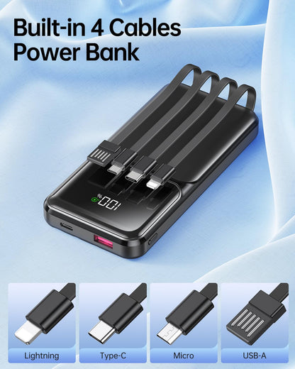 Portable Charger with Built in Cable - 20000mAh Fast Charging 22.5W Slim Power Bank USB C LED Display Travel Battery Pack 5 Outputs & 3 Inputs for iPhone Samsung Android iPad Phones Tablets etc