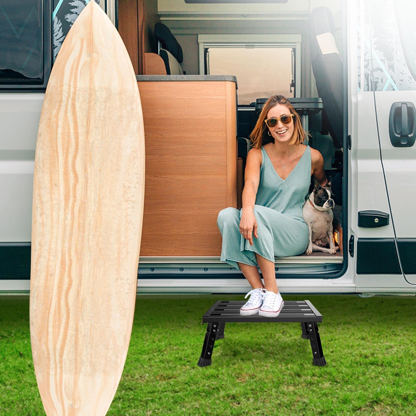 Marudina Large Platform RV Step with Cloth Cover and Anti-Slip Surface, 3-Level Adjustable Height, Light Aluminum Folding Step Stool, Supports Up to 1,000 lb - Ideal for RV and Multi-Use Scenarios