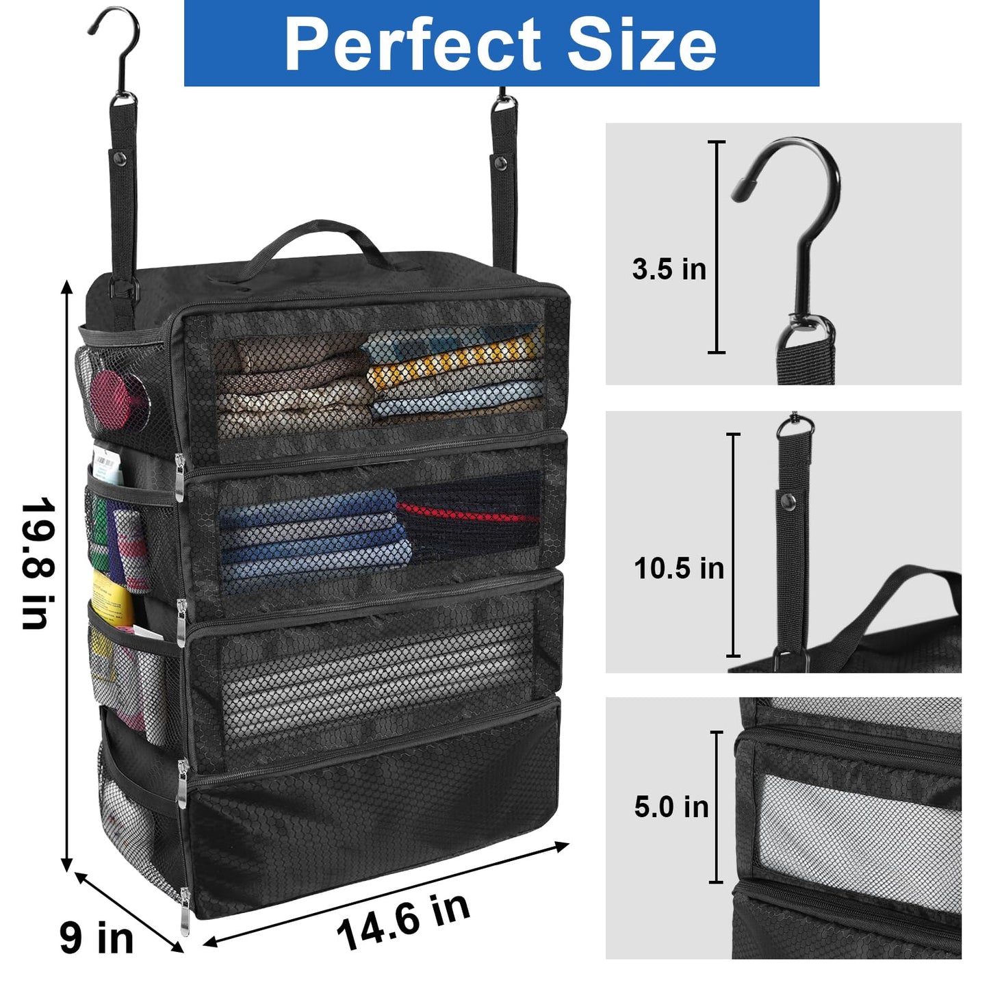 Olosar Suitcase Organizer, Travel Luggage Organizer Portable Hanging Travel Shelves Collapsible Hanging Packing Cubes for Carry on Suitcase, Black-M
