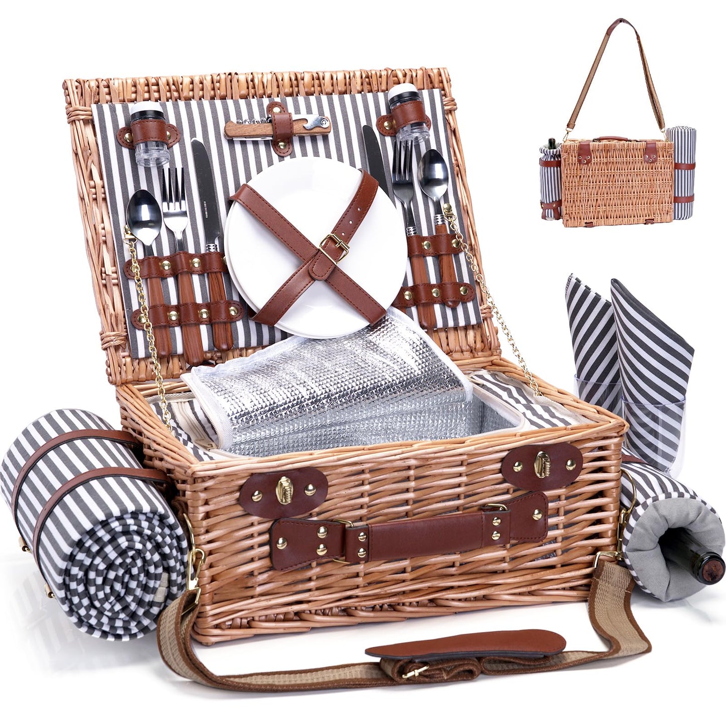 Picnic Basket with Blanket and Wine Pouch for 2 Wicker Picnic Set with Insulated Liner Cooler Bag Hamper for Camping,Wedding - Stripes
