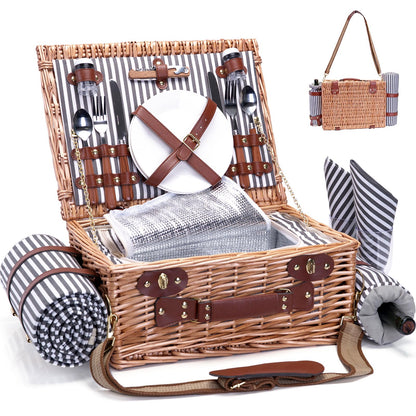 Picnic Basket with Blanket and Wine Pouch for 2 Wicker Picnic Set with Insulated Liner Cooler Bag Hamper for Camping,Wedding - Stripes