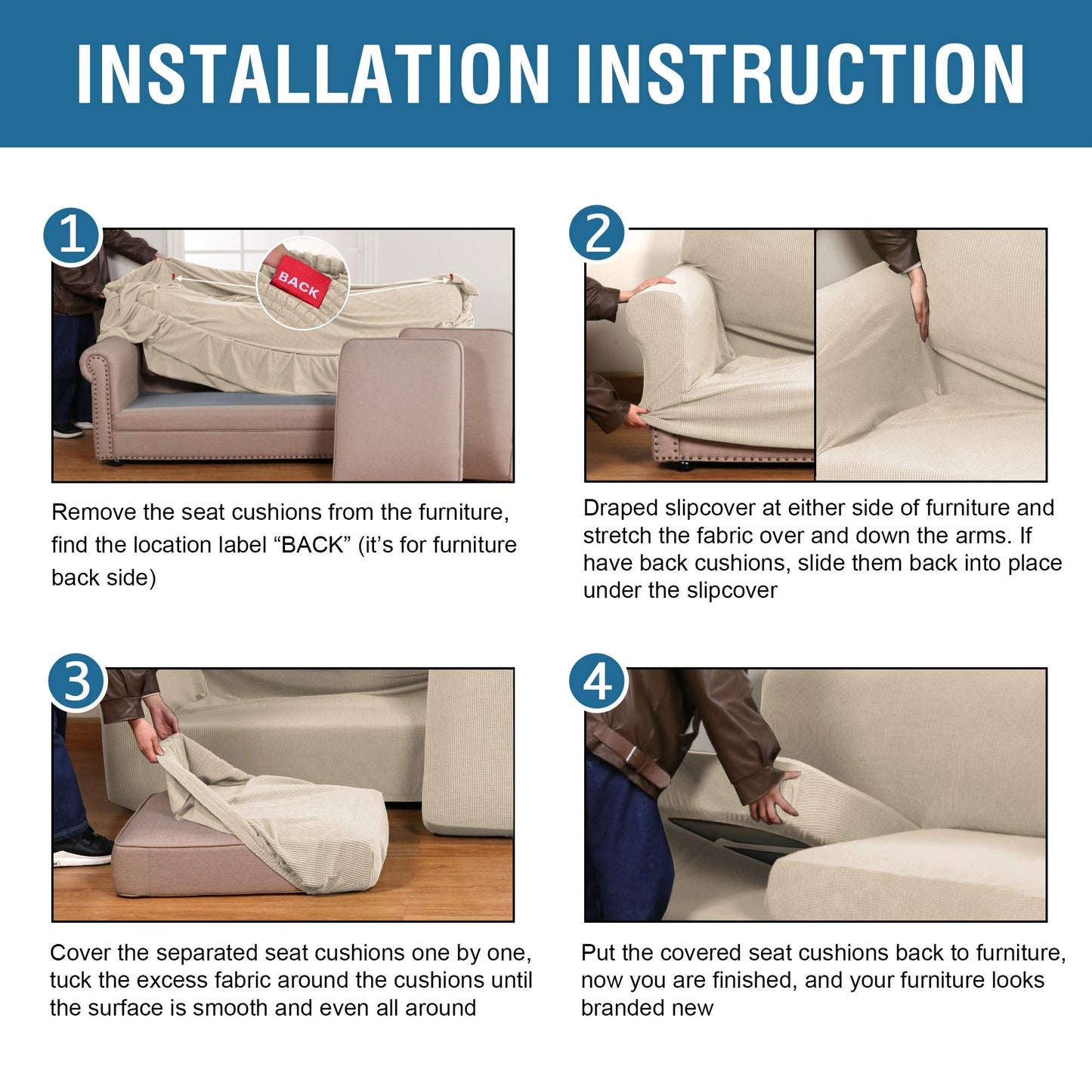 H.VERSAILTEX 4 Piece Stretch Couch Covers for 3 Cushion Couch Sofa Furniture Slipcovers Feature Upgraded Thicker Jacquard Fabric (Sofa, Natural)