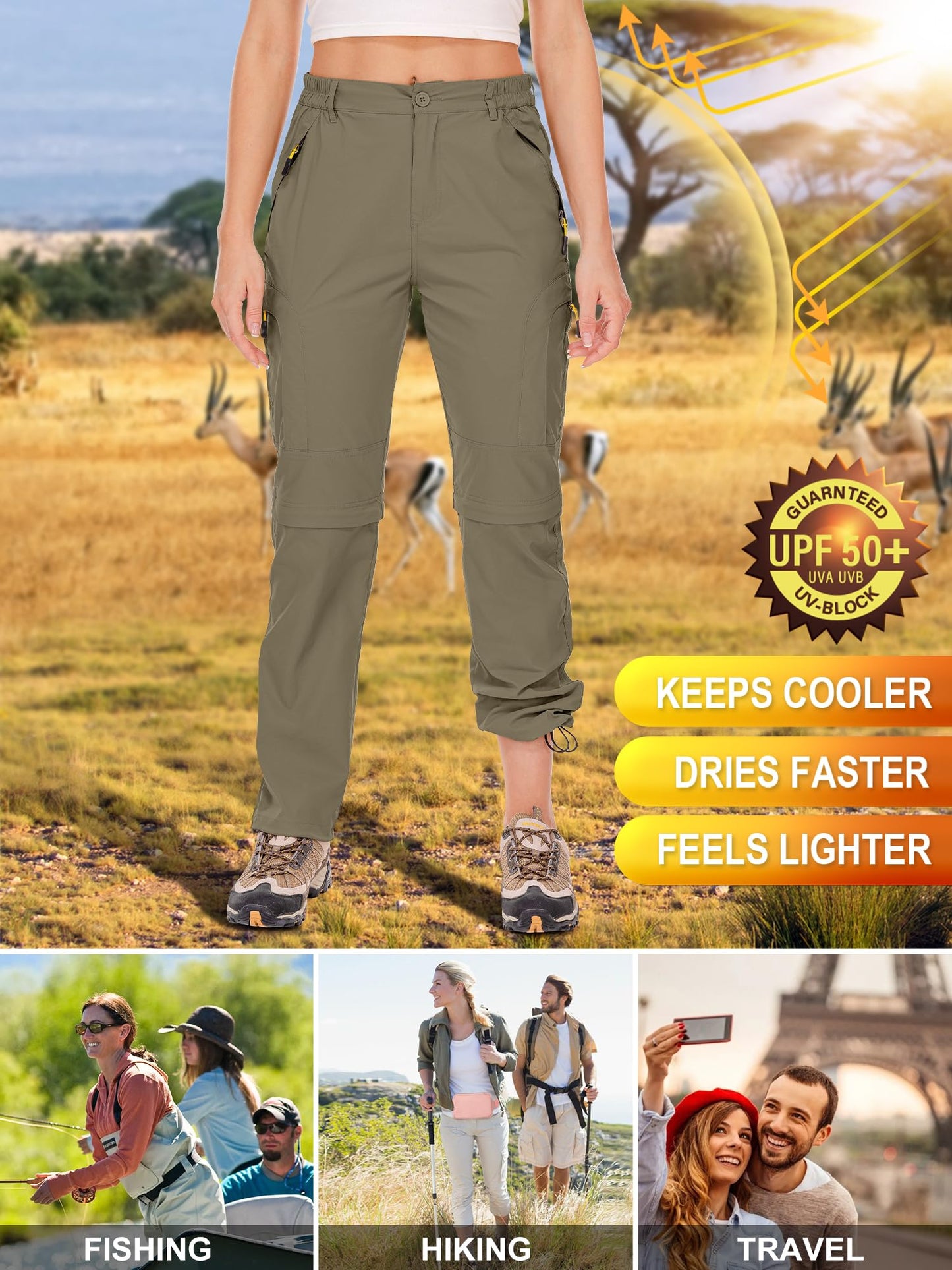 Hiking Pants Women Convertible Outdoor Lightweight Quick Drying Travel Zip Off Shorts Safari Pants, 4409,Khaki, 14