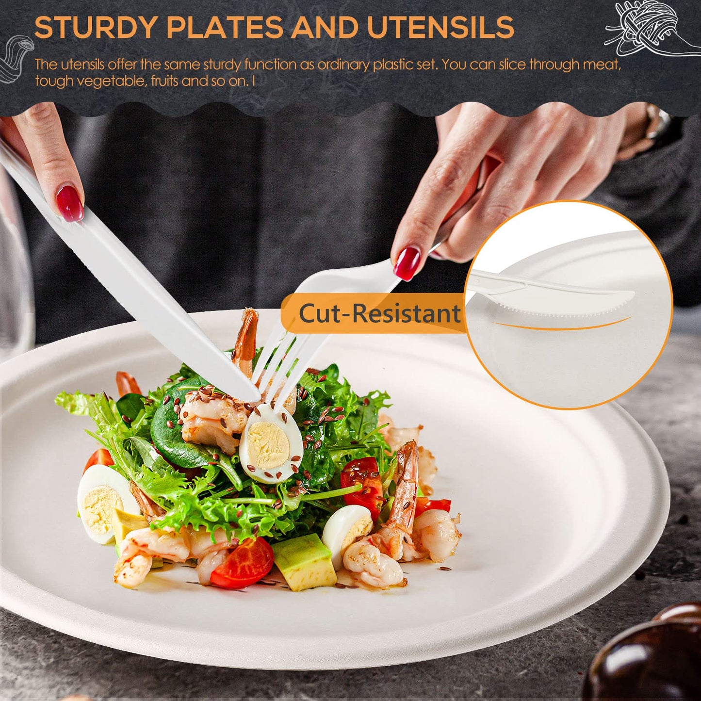 Gezond Compostable Paper Plates 250pcs Disposable Plates Heavy-Duty Paper Plates Biodegradable White Plates for Party Sugarcane Plates Cornstarch Forks Knives Spoons for 50 Guests