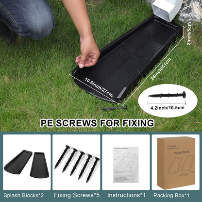 plusgutter Rain Gutter Downspout Splash Block, Gutter Downspout Extensions for Water Drainage, 24" Gutter Splash Guards Downspout Extender, Fixable Down spout Drain Trays with PE Nails(2 Pack, Black)