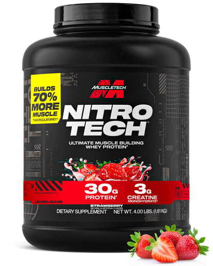 Muscletech Whey Protein Powder (Strawberry, 4 Pound) - Nitro-Tech Ultimate Muscle Building Formula with Whey Protein Isolate - 30g of Protein, 3g of Creatine & 6.8g of BCAA - Packaging May Vary